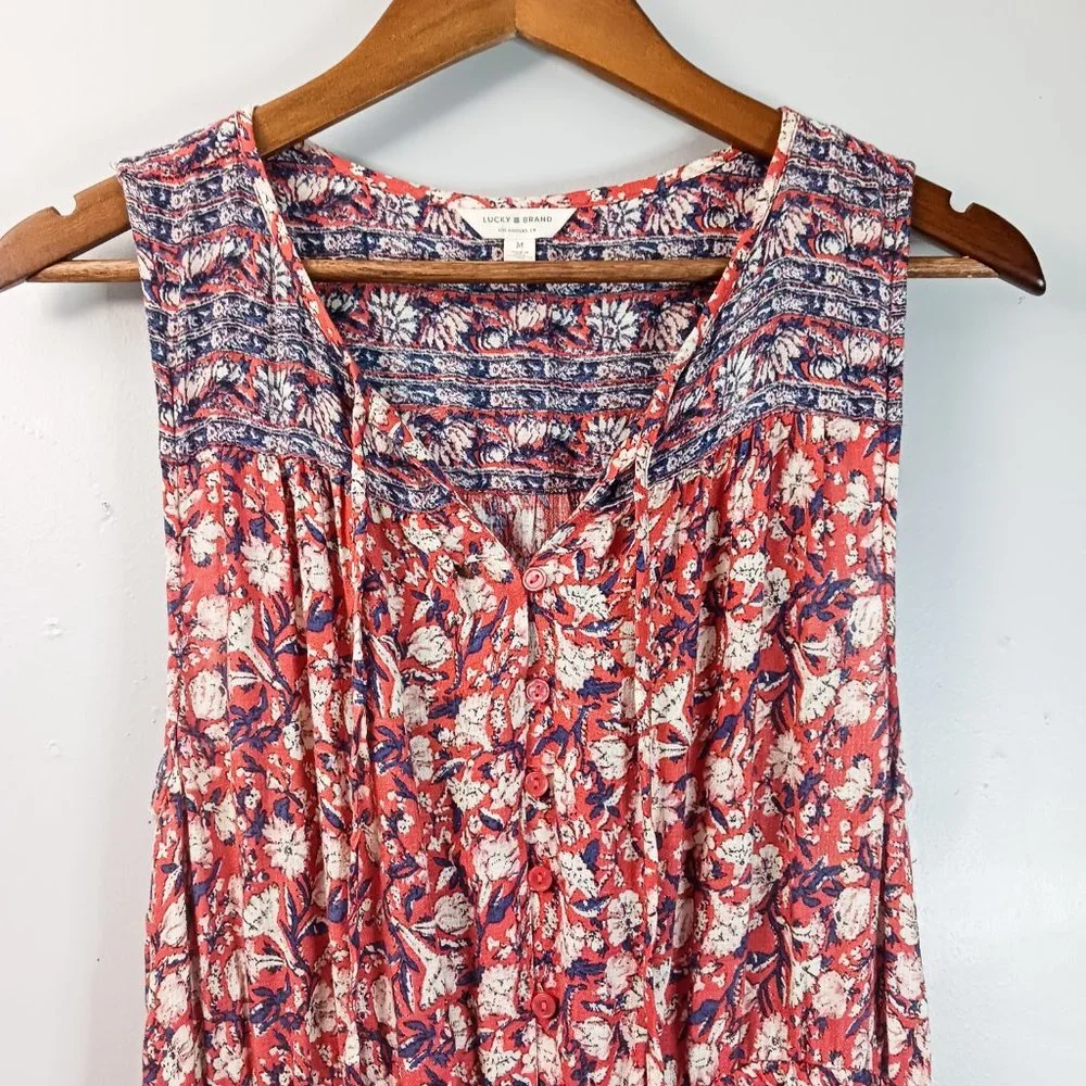Lucky Brand Floral Dress Women's Size M Pink Midi Sleeveless Elastic Waist - Picture 2 of 8
